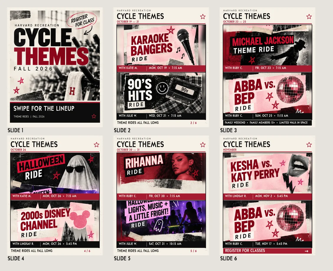 Six Harvard Recreation Cycle Themes campaign slides in crimson, black and pink, featuring themed rides and class information